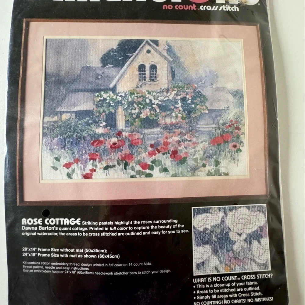 Vintage Dimensions Pink Rose Floral Cottage No Count Cross Stitch Kit - Picture 2 of 9